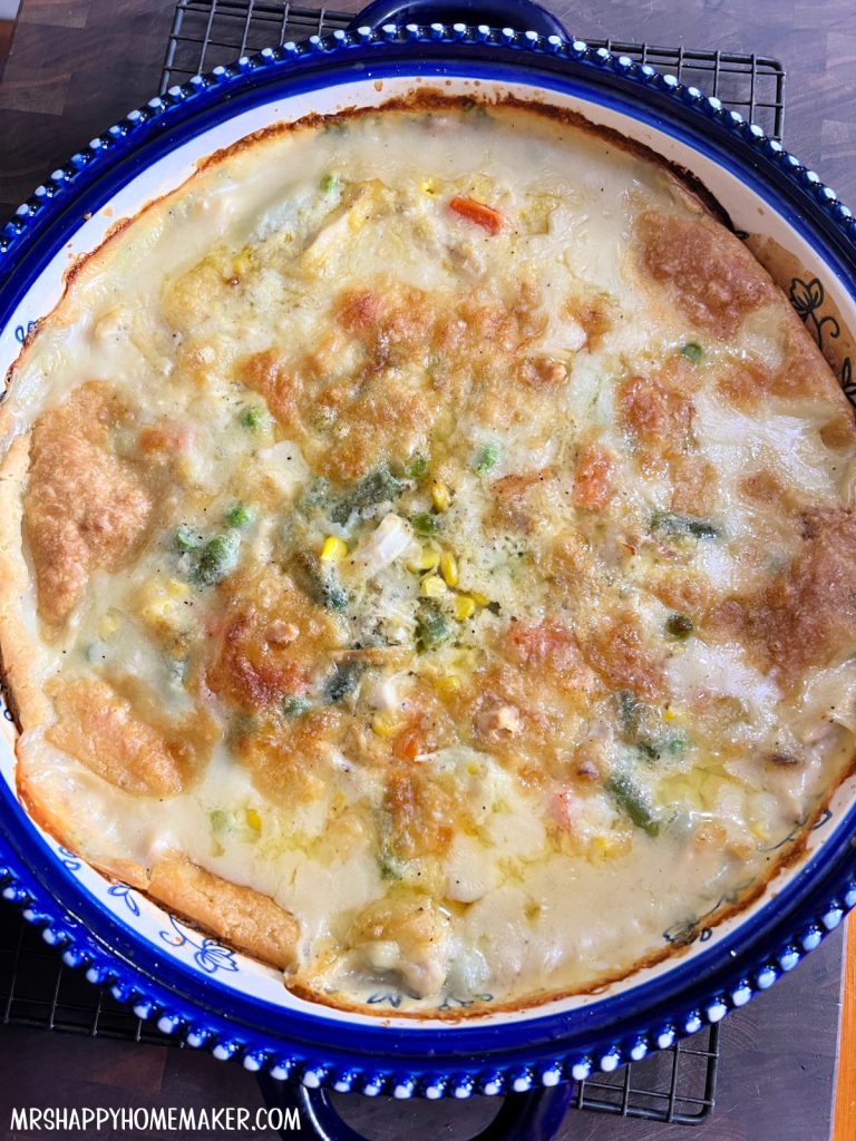 Chicken cobbler in a round blue dish