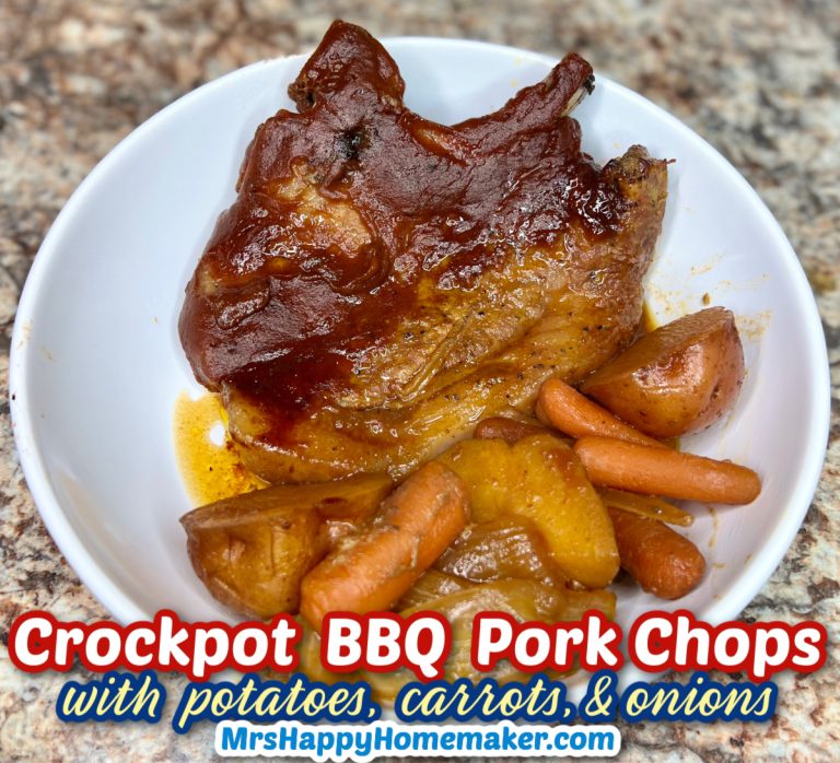 Crockpot BBQ Pork Chops with vegetables on a white plate