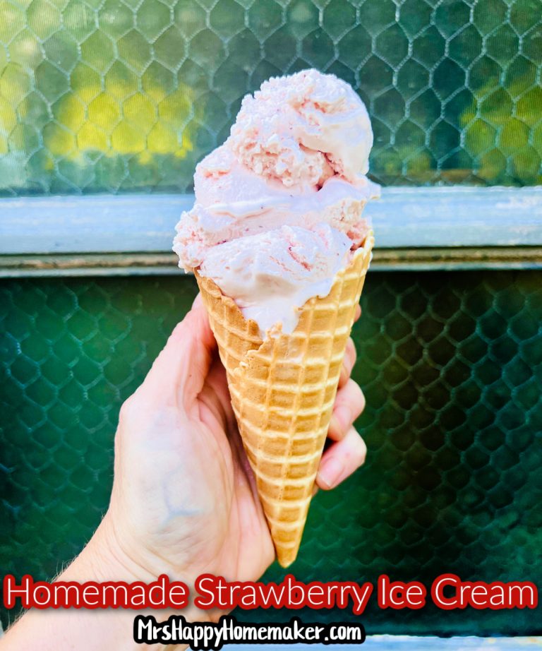 Strawberry ice cream scooped in an ice cream cone