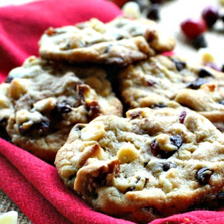 chocolate chip cookies with cranberries on a red towel