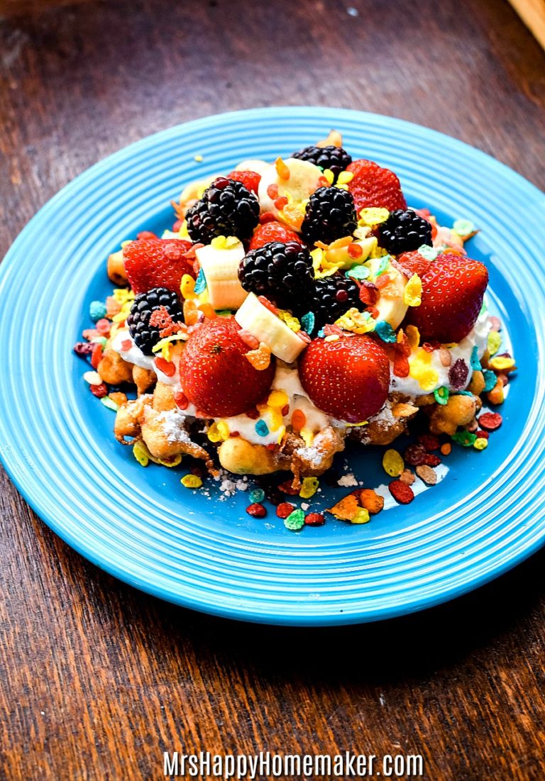 Fruity Pebbles Funnel Cake with berries