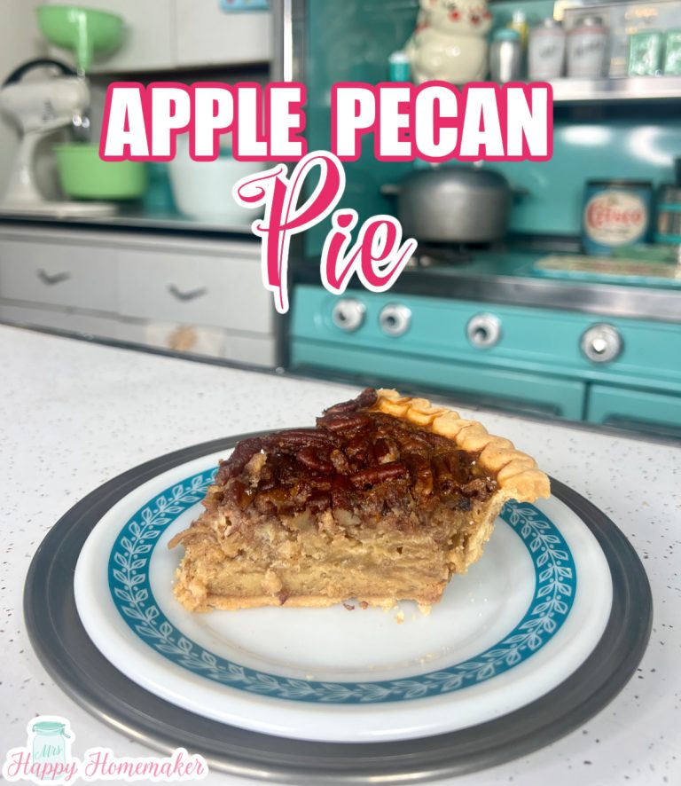 Apple pecan pie slice on a blue rimmed white plate - with a vintage blue stove behind it